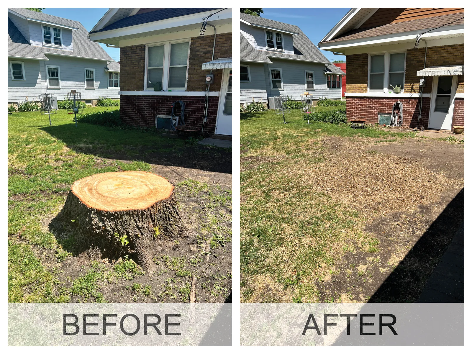 Before and after: a tree stump in an Iowa yard, then level ground with the wood chips raked out